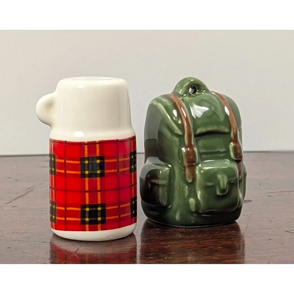 Camping Coffee Mug & Hiking Backpack Ceramic Salt & Pepper Shakers Pair Novelty